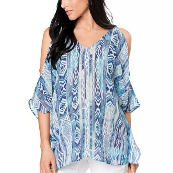 NWT Wendy Bellissimo Cold Shoulder Sheer Ikat Blouse Top - Picture 1 of 12